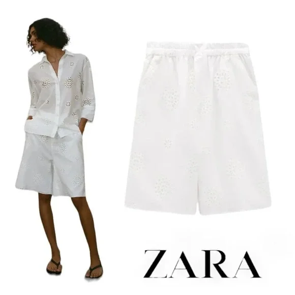 ZARA | White | EMBROIDERED LONG SHORTS - Picture 1 of 11